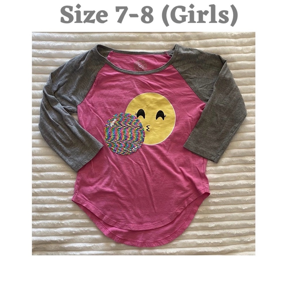 SO Girls Pink Gray Pullover T-Shirt 3/4 Sleeve Sequin Emoji Graphic 7/8